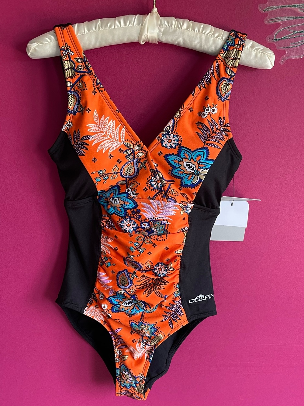 Dolfin Orange Floral One-Piece Swimsuit with Black Panels